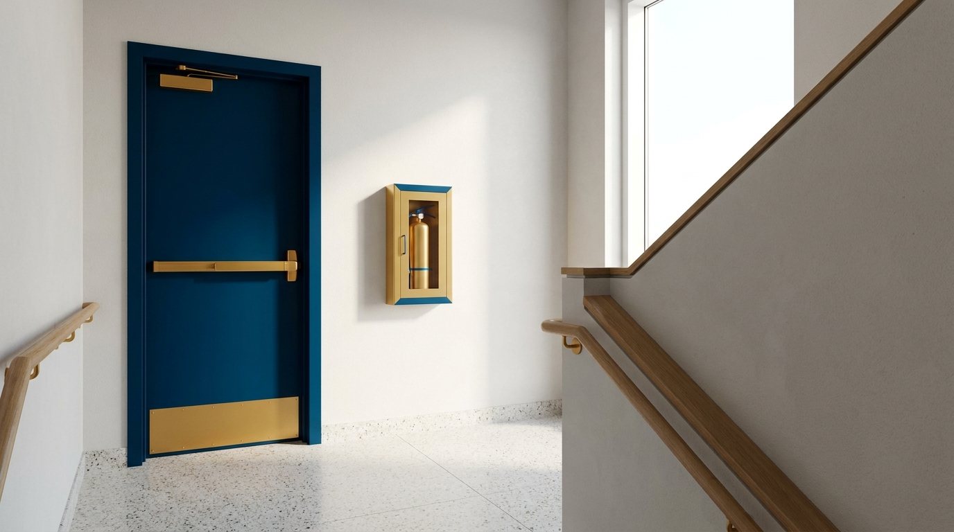 Heller Treppenhausflur mit freiem Rettungsweg und Feuerlöscher an der Wand