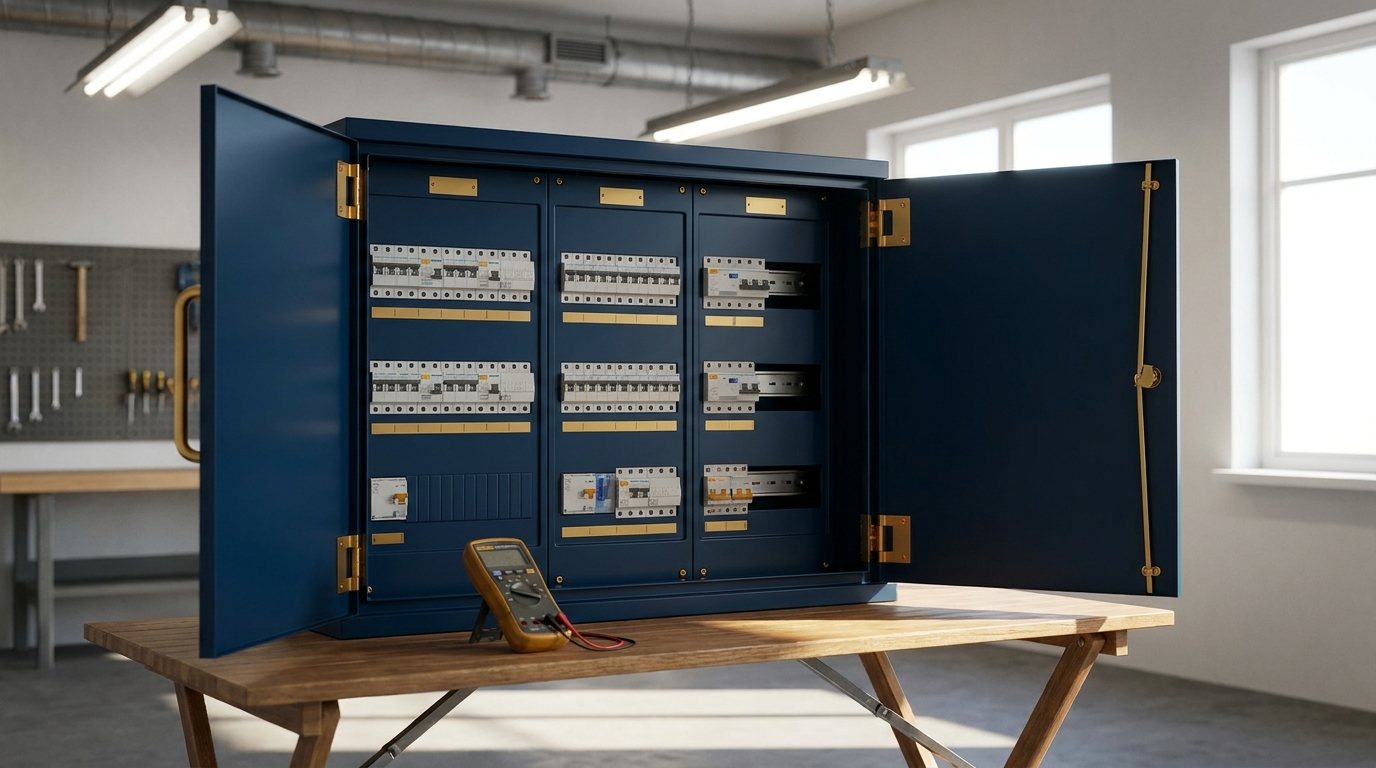 Geöffneter Verteilerschrank mit gereihten Sicherungsautomaten und einem Messgerät
