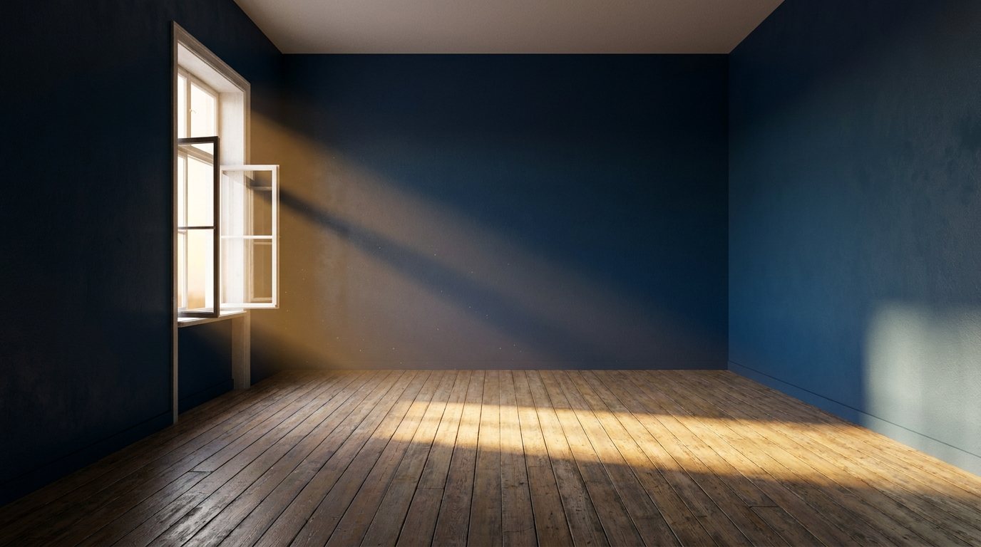 Leeres Zimmer mit Fenster und Heizkörper in einer unvermieteten Wohnung