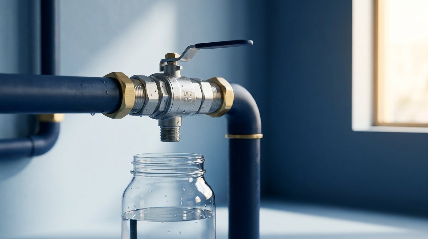 Probenahmehahn an einer Trinkwasserleitung aus Edelstahl