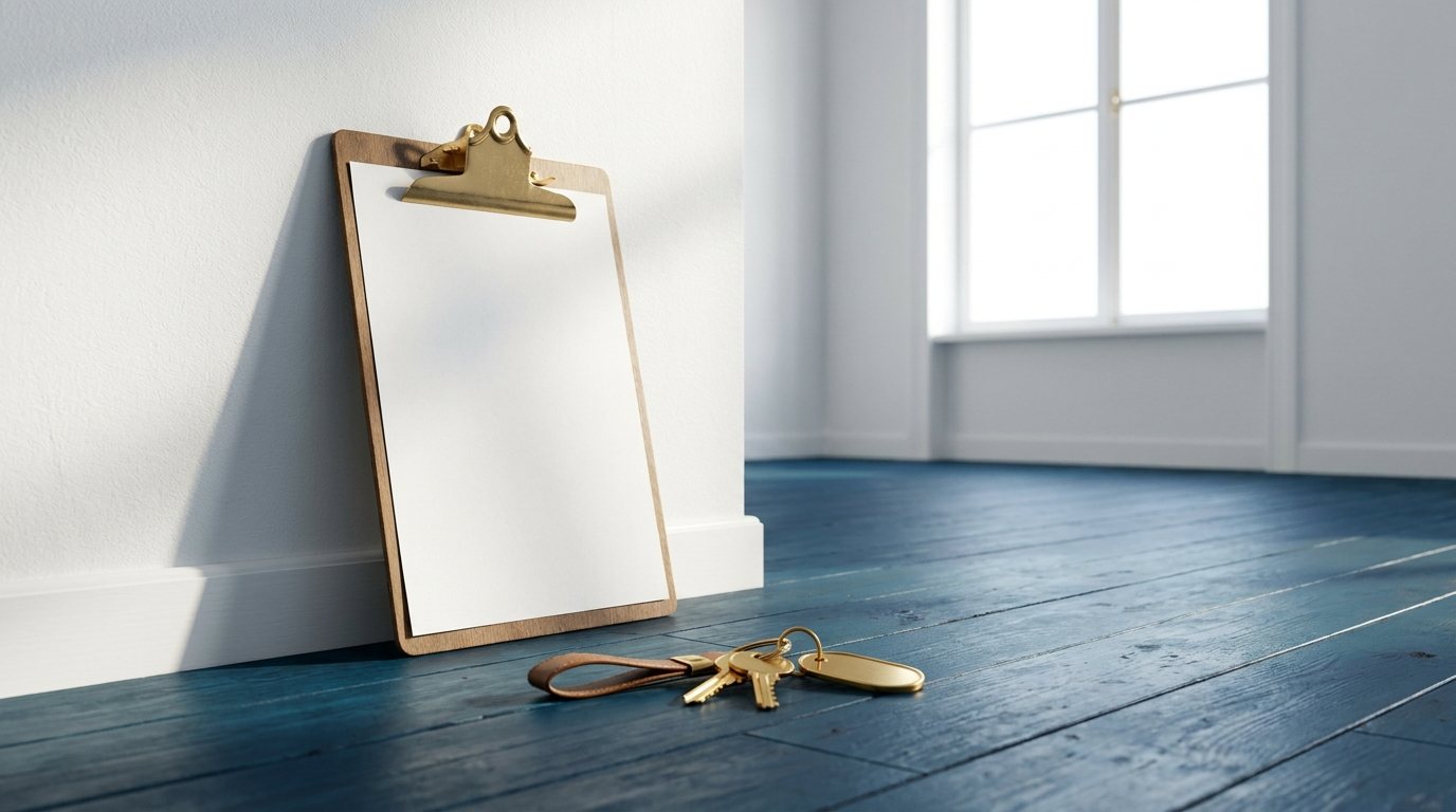 Leere Wohnung mit Übergabeprotokoll auf der Fensterbank